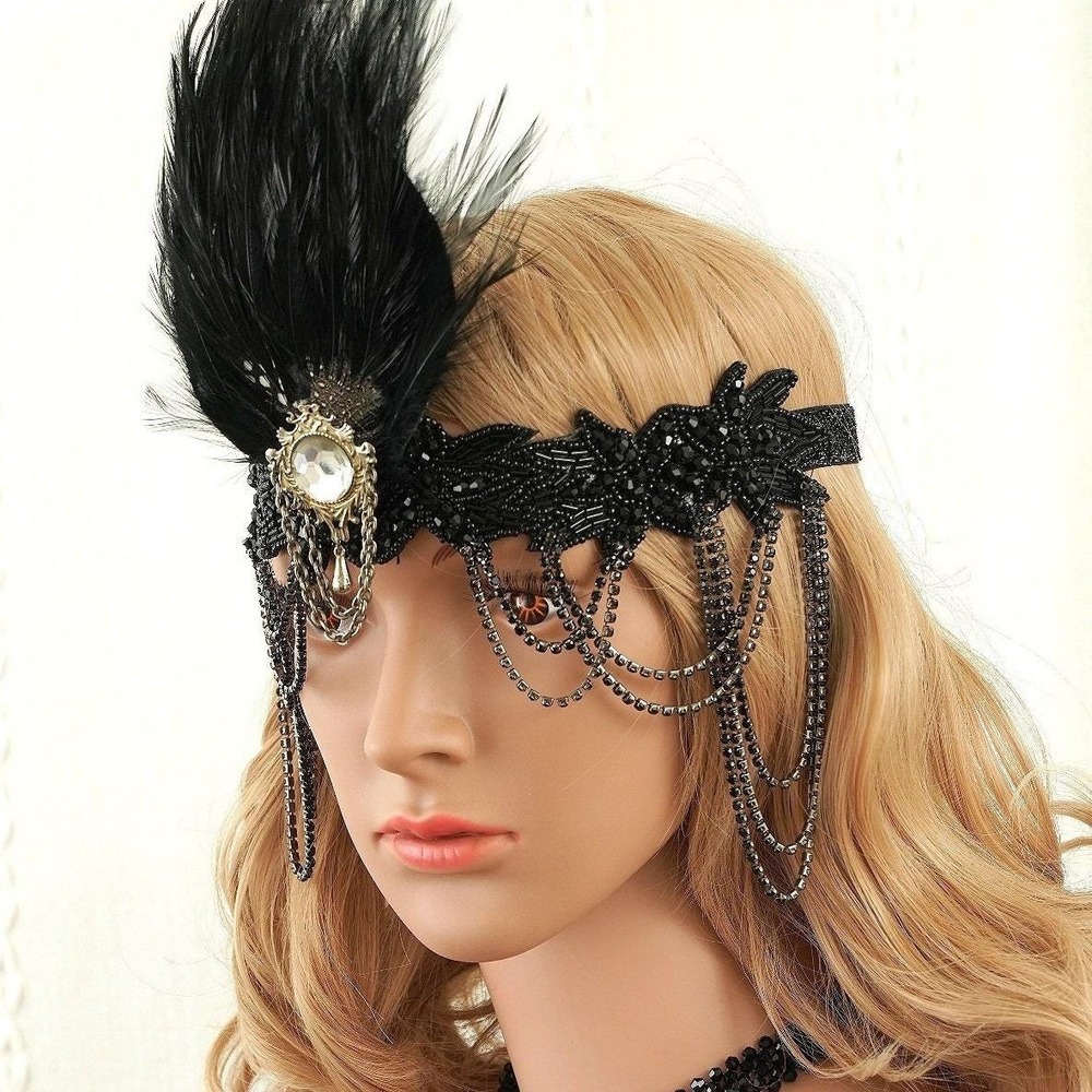 Black 1920s Style Flapper Headband Feather Beaded Rhinestone Headpiece Costume